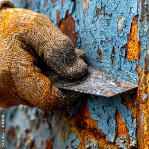 Eye-catching photo of worker's hand in a protective glove using a scraper to remove old, flaking blue paint from a rusty metal surface during renovation.