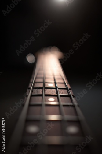 Close-up of guitar neck illuminated by soft light, highlighting