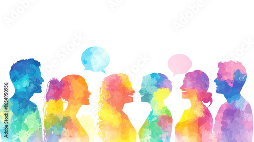 A group of people engaged in conversation, with speech bubbles indicating their thoughts and ideas.