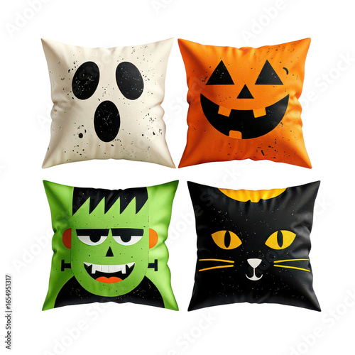 Whimsical Halloween Pillow Collection Ghost Pumpkin Frankenstein and Black Cat Throw Pillows for Spooky Season Decorations, isolated on a transparent background