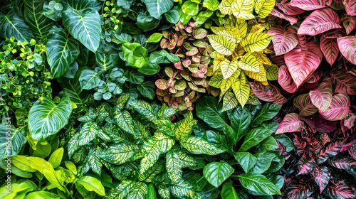 A vibrant, colorful, and lush green wall of various plant species, including tropical leaves and flowers, with a gradient of colors from green to pink and red
