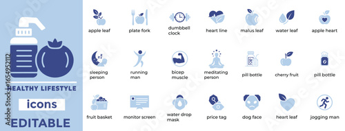 Clean editable healthy lifestyle vector icons ideal for wellness, nutrition, habits, health branding design
