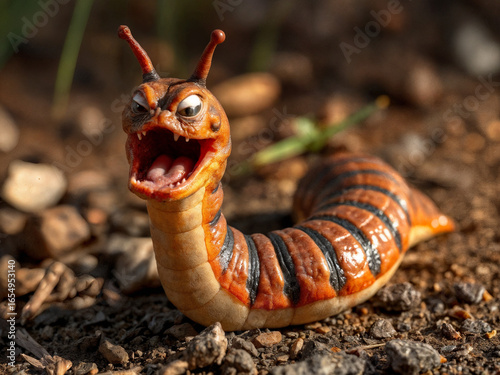 Surreal caterpillar with fierce face and open mouth on a natural background