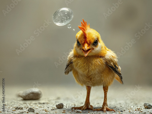 Funny chick with a bubble above its head standing on a gray surface