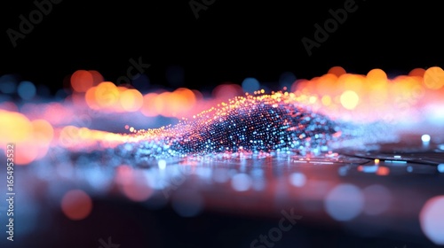 Abstract Particle Cluster in Focus: A mesmerizing abstract scene showcases a vibrant cluster of particles, exhibiting a beautiful dance of light and color on a black background.