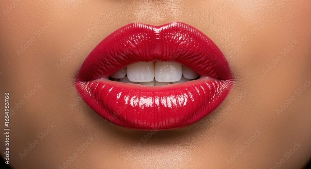 Obraz premium Close-up of glossy red lips with teeth showing in a puckered kiss gesture for beauty advertising. white background
