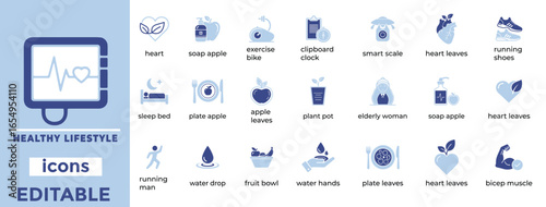Clean editable healthy lifestyle vector icons ideal for wellness, nutrition, habits, health branding design
