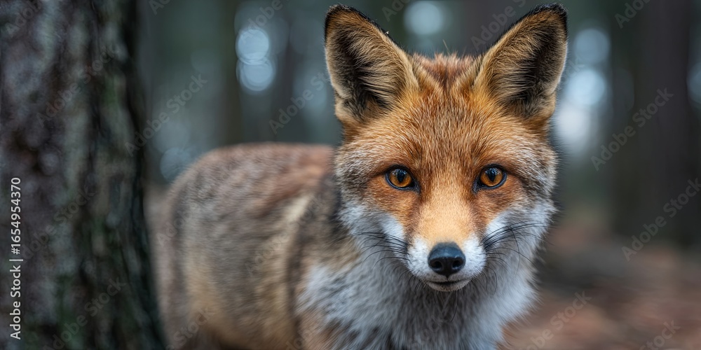 Fototapeta premium Close-Up of a Fox in a Dense Forest Setting with a Soft Focus on Its Striking Features and Warm Fur Textures under Natural Light Conditions