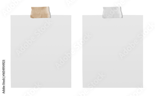 Empty note paper mockup, Message reminder card template isolated in transparent PNG, White paper with grunge ripped brown and white adhesive tape, Business office object - isolated design element