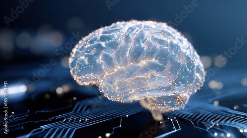 Brain in circuit board: A luminous brain, its intricate form highlighted by interconnected lines, rests upon a circuit board. This visual metaphor signifies the intersection of mind and technology.