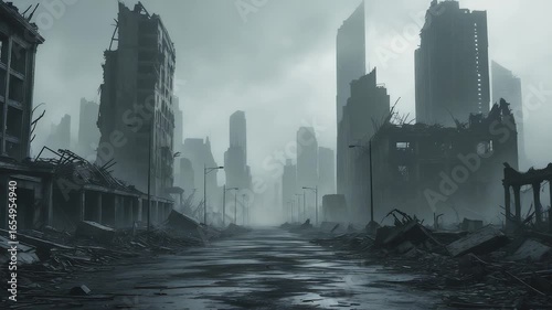 Desolate urban street with destroyed skyscrapers crumbling buildings and misty atmosphere creating an apocalyptic city landscape scene