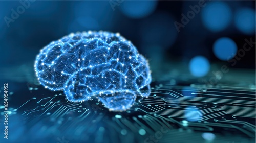 Digital Brain Concept: A captivating digital representation of a human brain, rendered in striking detail with glowing circuits, set against the backdrop of a motherboard, symbolizes innovation.