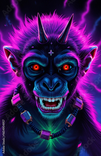 Colorful cartoon creature with fierce expression and glowing eyes on a dark background