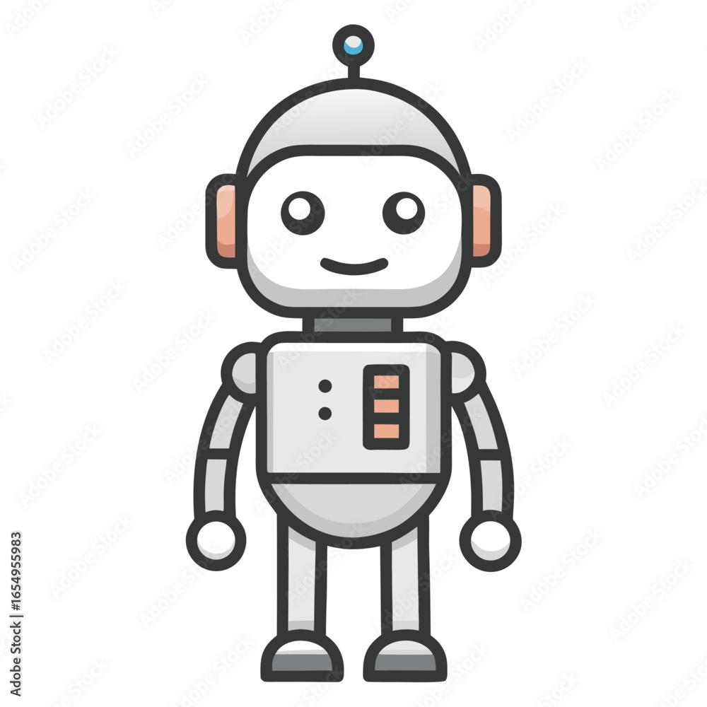Fototapeta premium Friendly Cartoon Robot Character Illustration with a Teal Body, Orange Accents, and a Simple Smiling Expression on a White Background