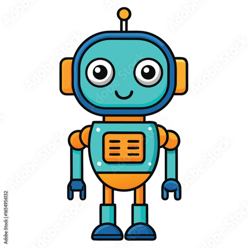 Friendly Cartoon Robot Character Illustration with a Teal Body, Orange Accents, and a Simple Smiling Expression on a White Background