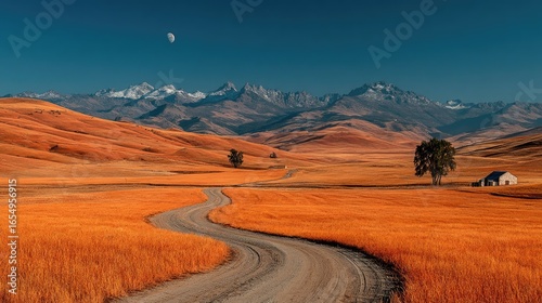 Winding road through golden fields, mountains in the background