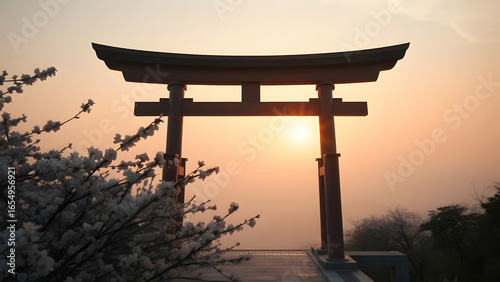 Traditional Japanese Torii Gate at Sunrise