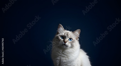 Fluffy white cat with blue eyes covered in white powder