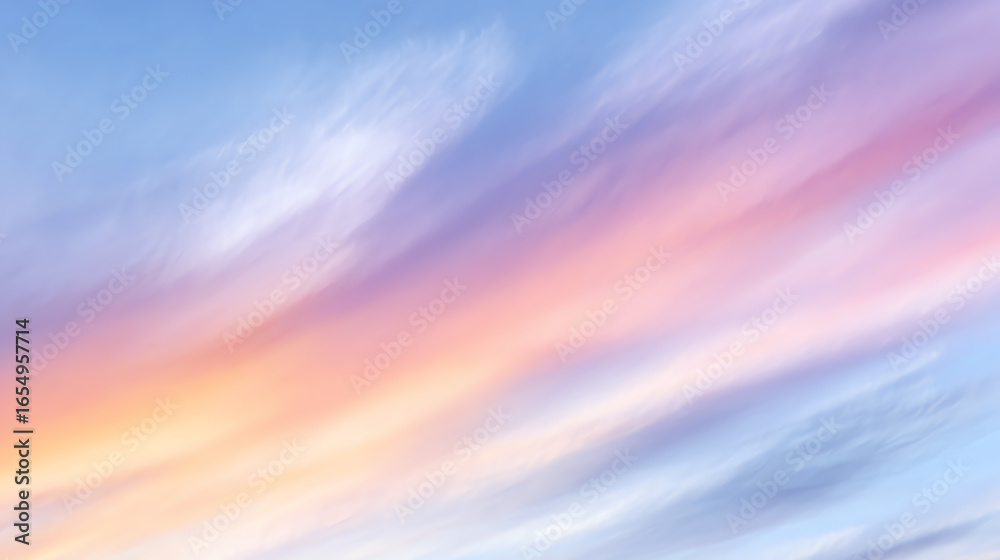 Naklejka premium A stunning twilight sky displaying vibrant colors with soft clouds, evoking a sense of peace and tranquility.