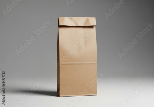 Brown paper bag with folded top on neutral background