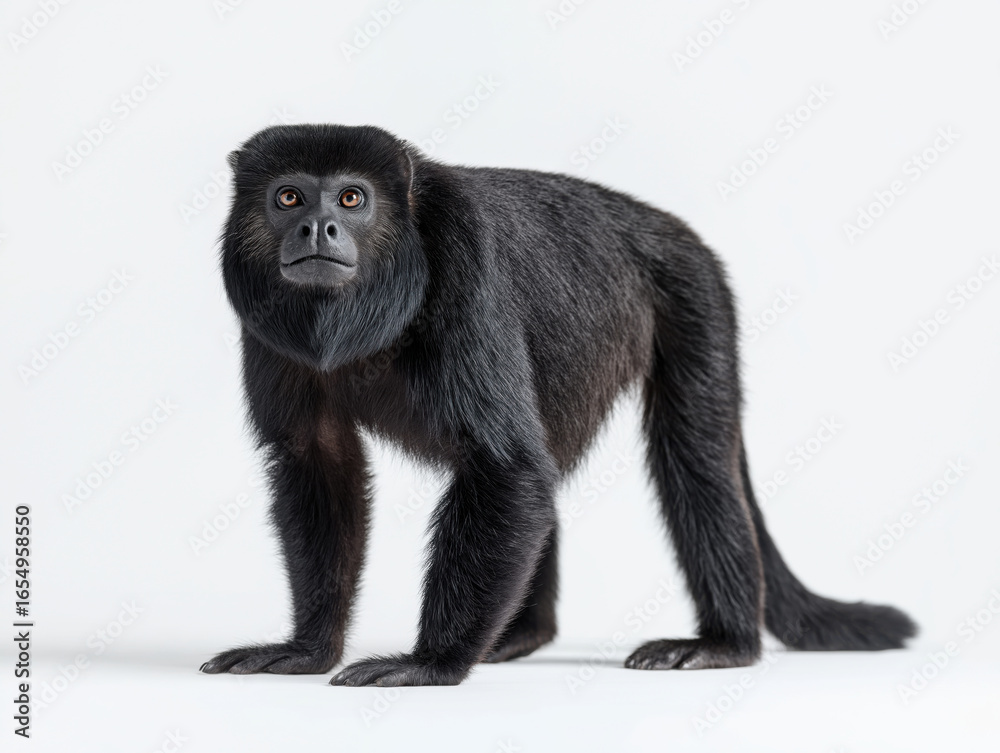 Fototapeta premium Black howler monkey standing upright on a white background, showcasing its distinctive features, fur texture, and curious expression, representing wildlife and nature conservation themes