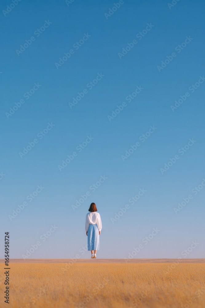 Lonely figure walking through vast golden field under clear blue Lonely figure walking through vast golden field under clear blue