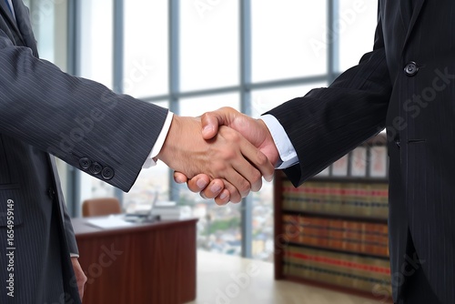 Two businessmen shaking hands in a modern office with bookshelves and large windows