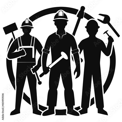 Silhouette of Three Construction Workers with Tools Standing Together, Emblem for Skilled Trades and Labor Unions