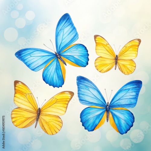 Four hand-drawn blue and yellow butterflies on a soft bokeh background, watercolor-style illustration conveying delicate beauty and lightness.