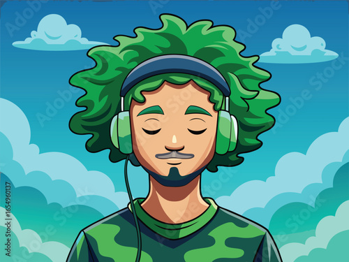 Cartoon man with green hair and headphones against a sky with clouds listening to music peacefully vector illustration
