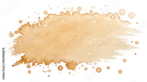 Golden beige watercolor splash with scattered droplets and textured brushstrokes on a white background.