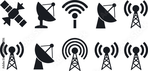 Collection of silhouetted communication antennas and satellite dishes representing wireless technology and broadcasting networks