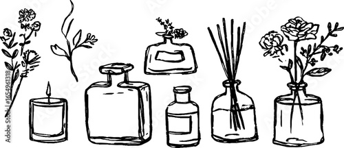 Black and white sketch of aromatic bottles and flowers for decoration and design