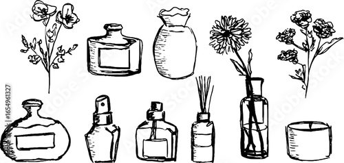 Hand-drawn black and white sketch collection of air freshener bottles and floral designs