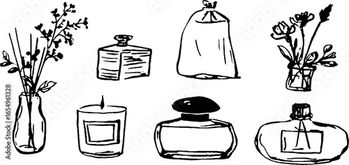 Black and white sketch set of air fresheners and floral arrangements