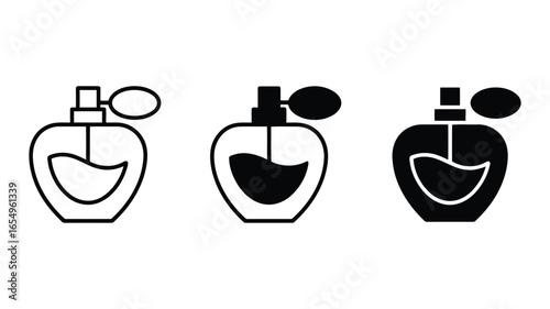 Three Stylish Perfume Bottle Icons: Outline, Filled, and Silhouette Variations for Branding, Website Design, and App Development.