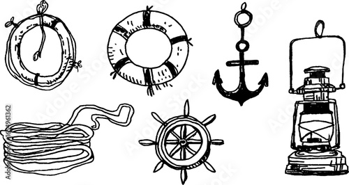 Nautical elements sketch collection: anchor, lifebuoy, rope, lantern, and ship wheel