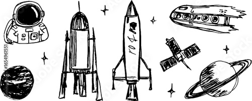 Set of hand sketched space exploration elements featuring rockets, planets, astronaut helmet, and satellite