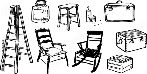 Hand drawn black and white sketch set of attic objects for design and decor
