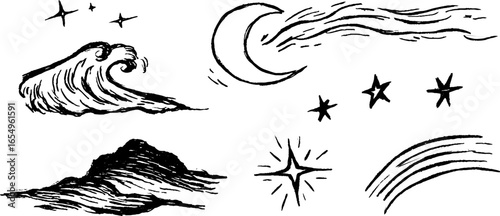 Celestial and oceanic elements: hand-drawn sketch set for design projects