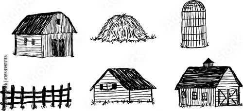 Rustic farm elements collection: barn, silo, haystack, fence, and shed illustrations