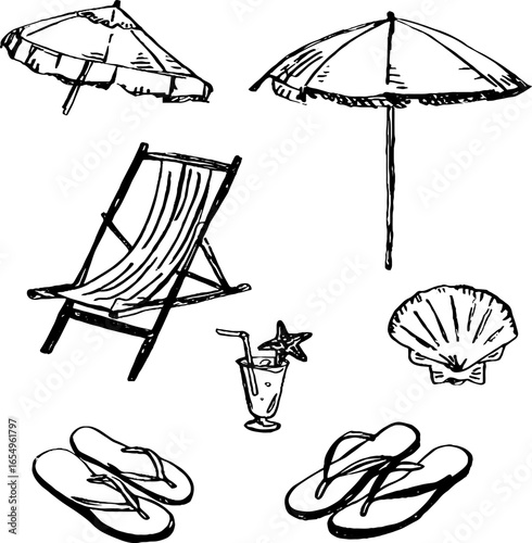 Hand-drawn beach set with umbrella, chair, shell, drink, and flip-flops for summer design