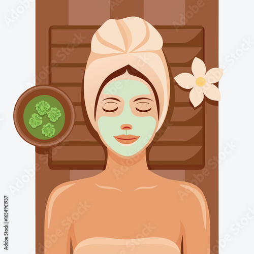 Relaxing Spa Day Woman with Face Mask Enjoying a Peaceful Treatment on a Wooden Lounger with Flowers