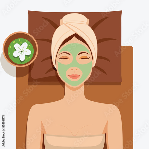 Relaxing Spa Day Woman with Face Mask Enjoying a Peaceful Treatment on a Wooden Lounger with Flowers