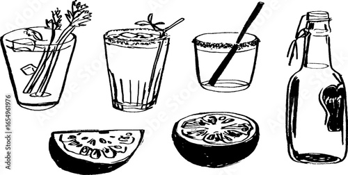 Hand drawn black and white cocktail and drink set for bar menu design
