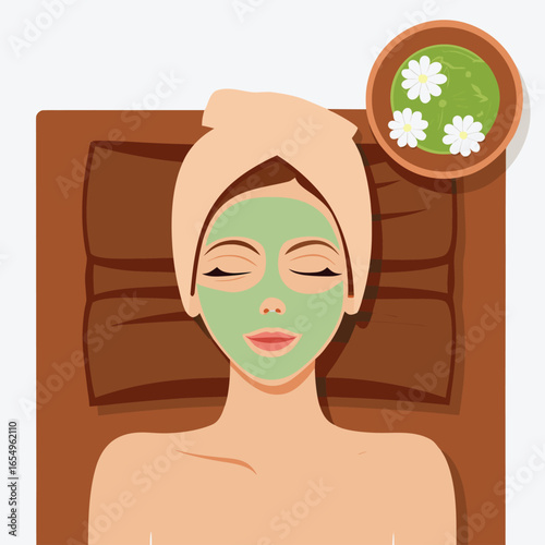 Relaxing Spa Day Woman with Face Mask Enjoying a Peaceful Treatment on a Wooden Lounger with Flowers