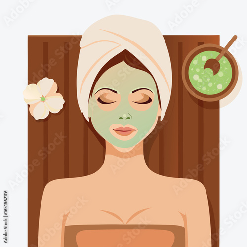 Relaxing Spa Day Woman with Face Mask Enjoying a Peaceful Treatment on a Wooden Lounger with Flowers