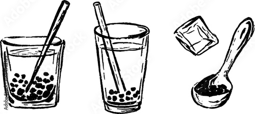 Black and white sketch collection of bubble tea elements with glasses, straws, and ice cube