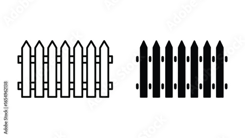 Simple picket fence icons:  line art and solid black versions,  perfect for website design, app interfaces, or illustrative projects needing a clean, minimalist aesthetic.