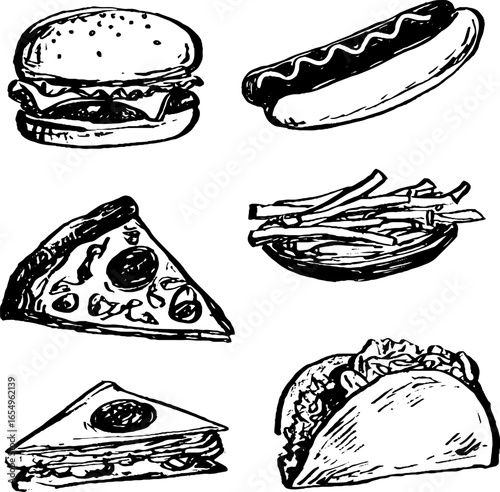 Hand drawn black and white sketch illustration set of classic fast food favorites